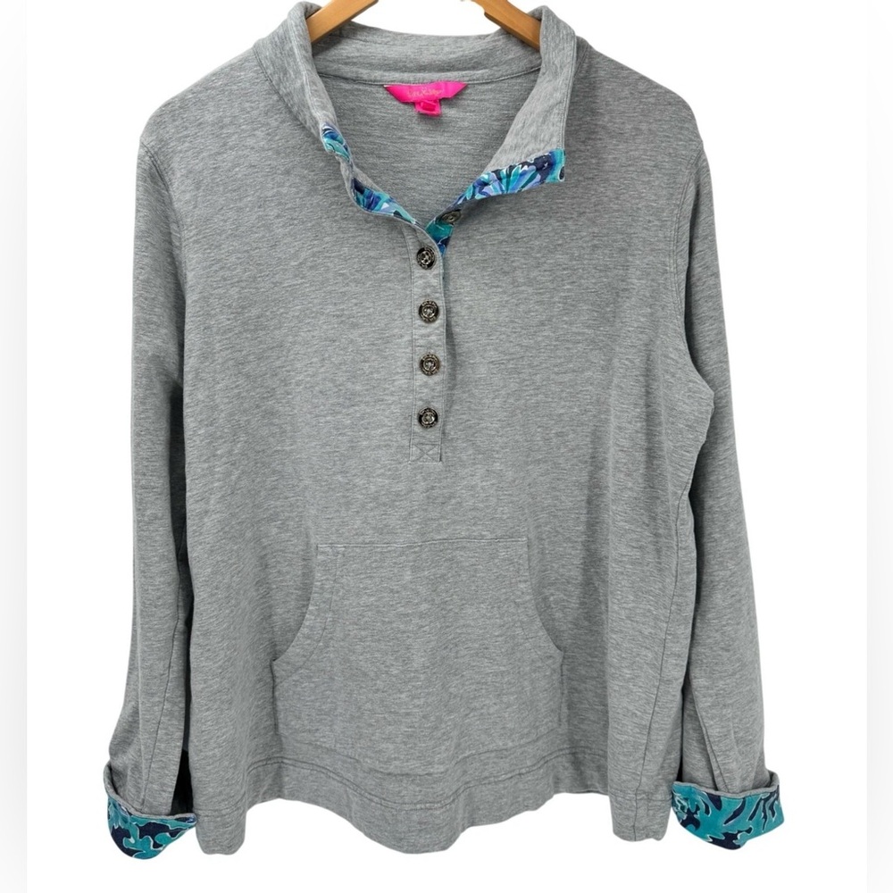 Lilly Pulitzer Sweatshirt Womens S Gray Landley Popover Tropical Trim UPF 50+
